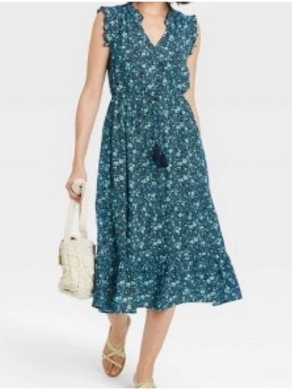 Knox Rose Teal Floral Sleeveless Midi Dress with Tassel Tie
